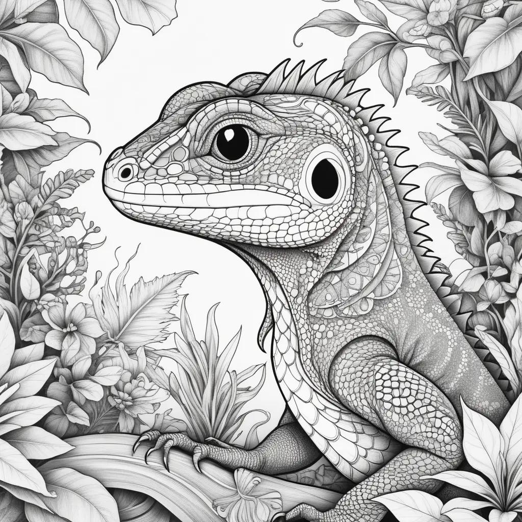 Black and white lizard coloring page with flowers