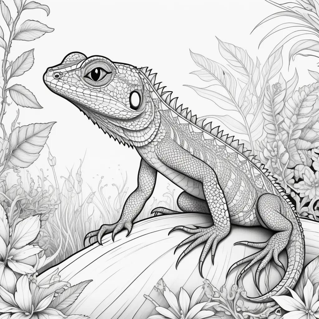 Black and white lizard coloring page with flowers