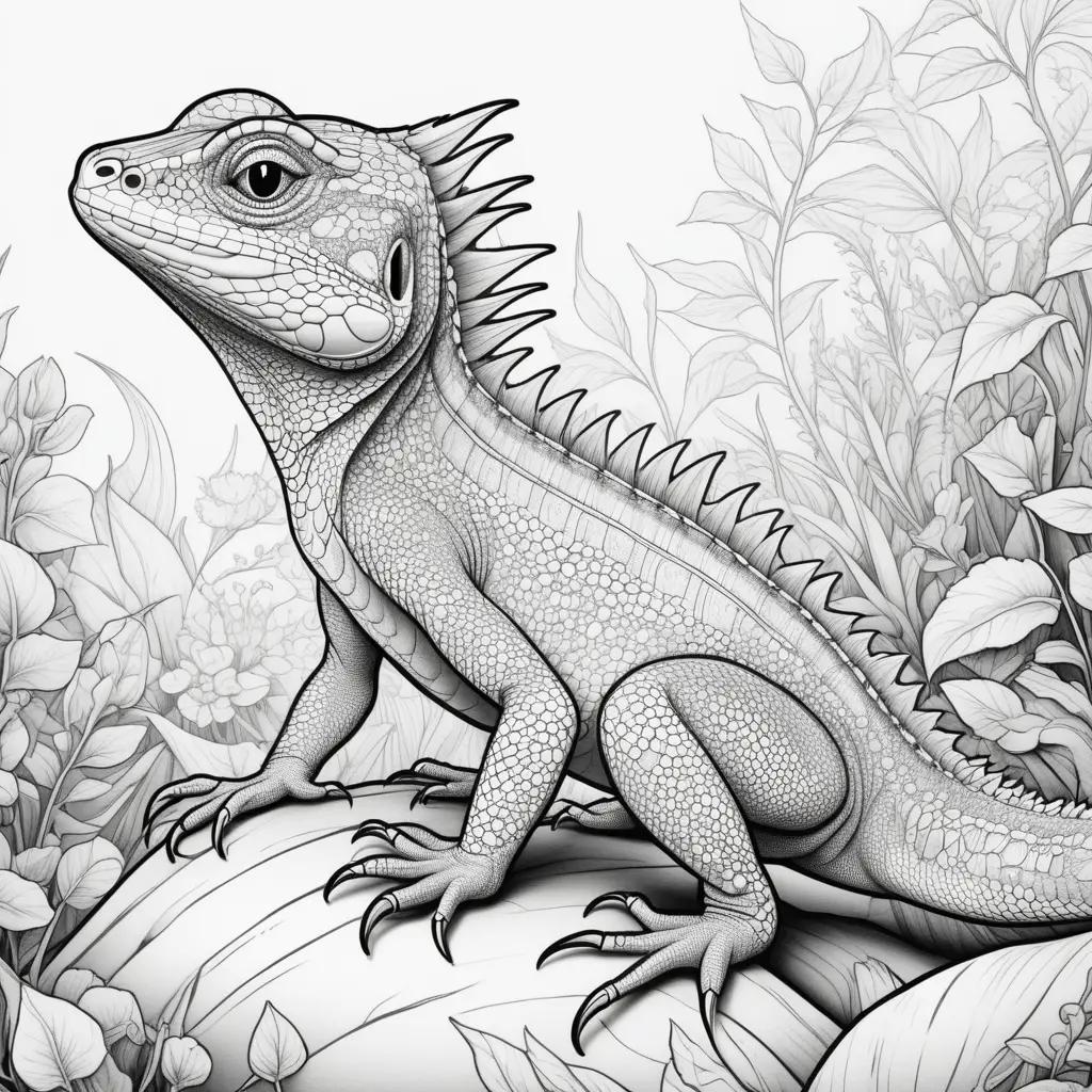 Black and white lizard coloring page with plants in the background