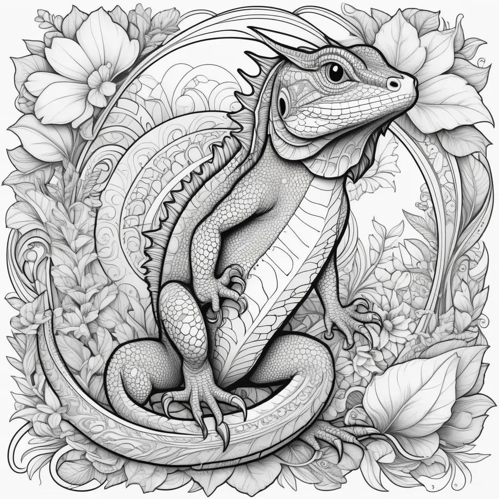 Black and white lizard coloring pages featuring flowers and leaves