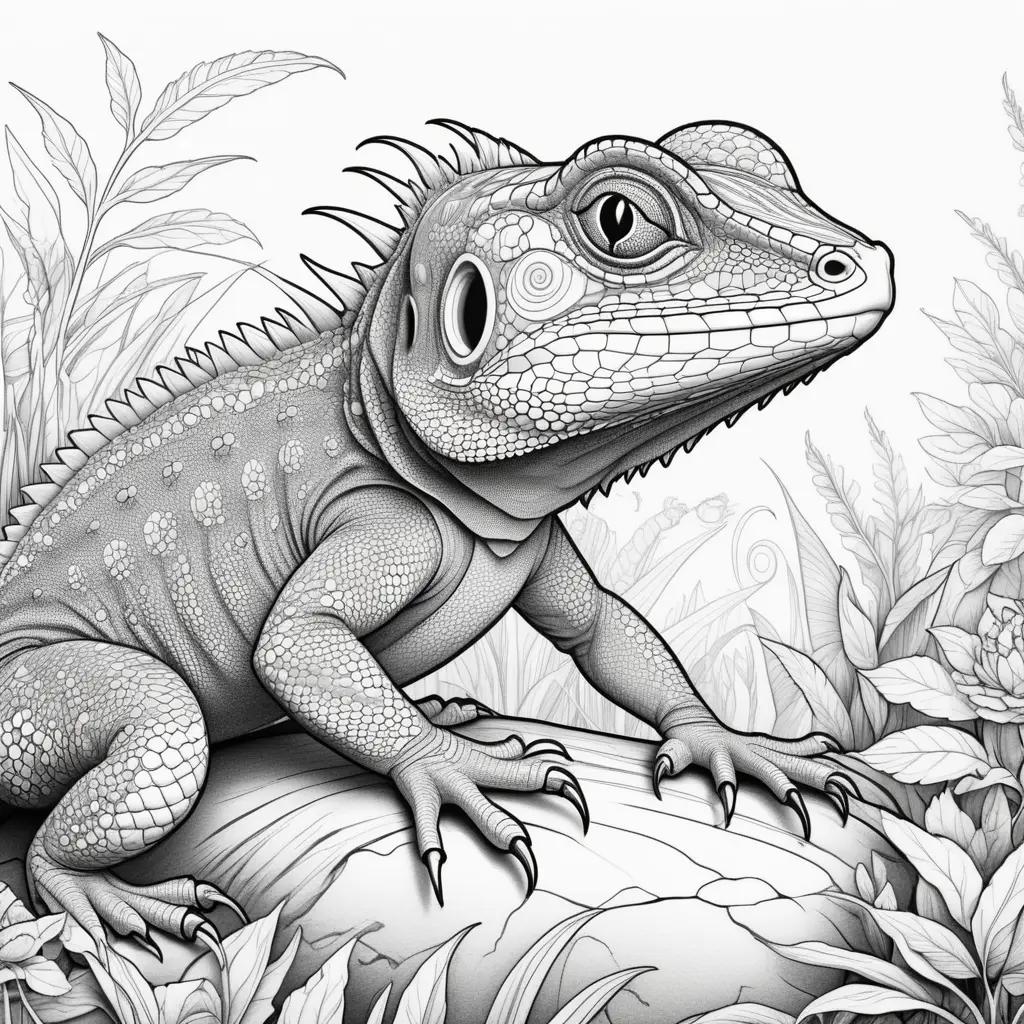 Black and white lizard coloring pages with a background of plants and flowers