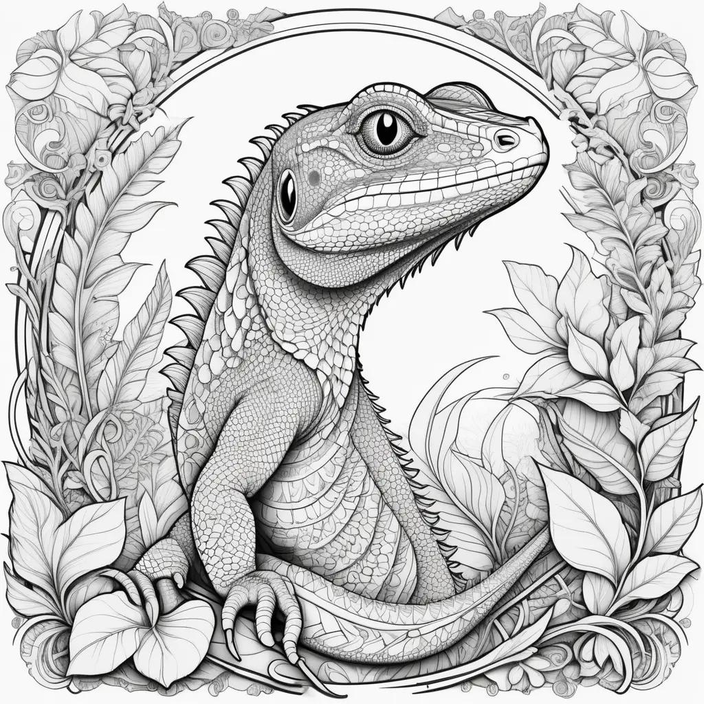 Black and white lizard coloring pages with leaf borders