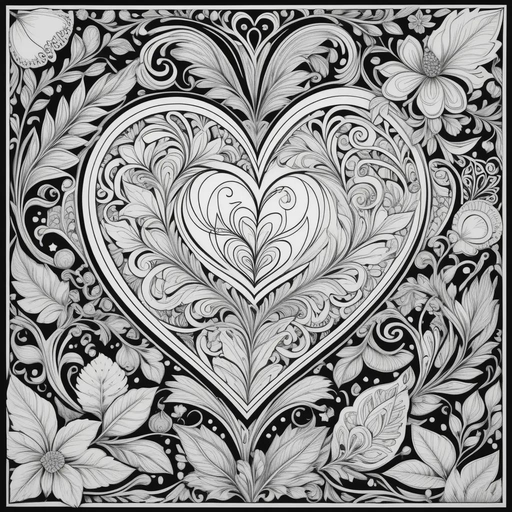 Black and white love coloring pages of a heart and leaves