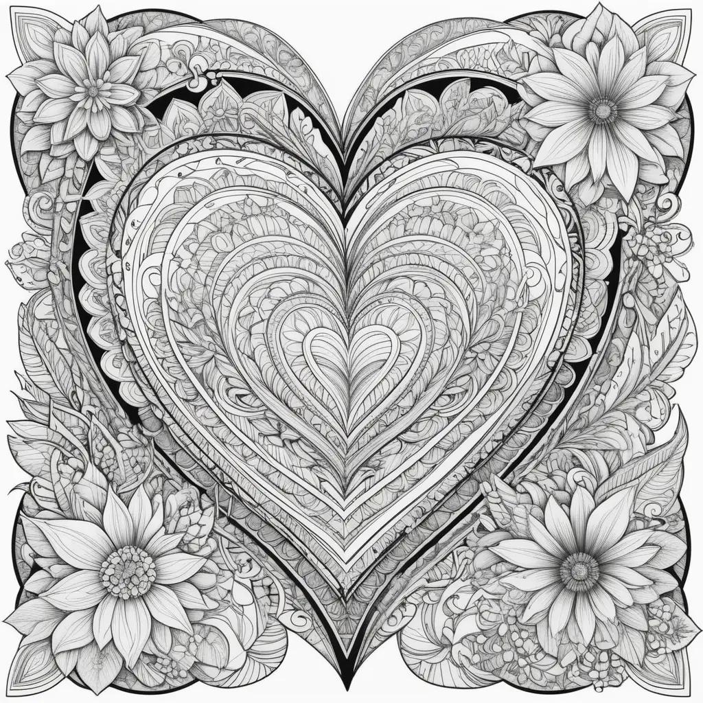 Black and white love coloring pages with flowers and hearts