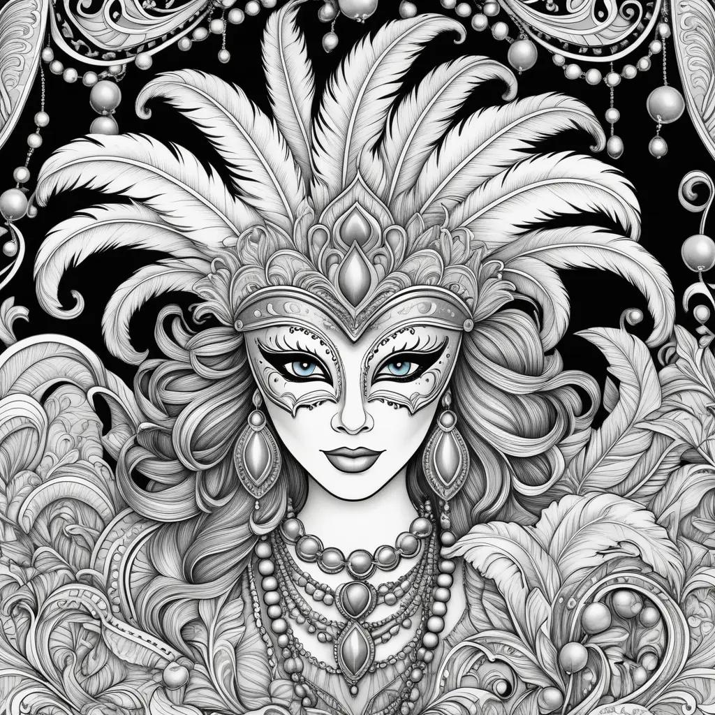 Black and white mardi gras coloring pages with beaded hat and mask