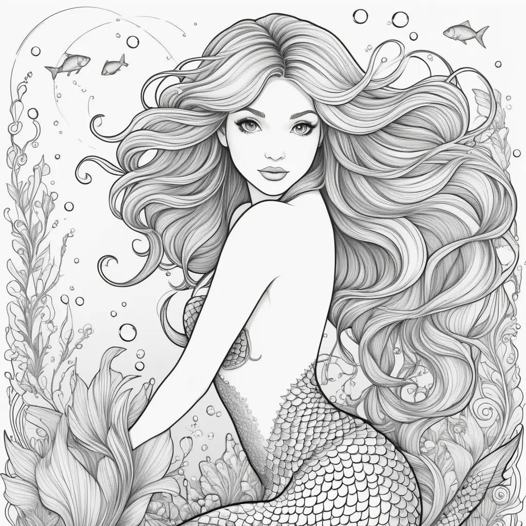 Black and white mermaid coloring page with fish