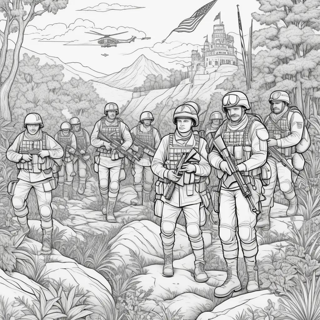 Black and white military coloring pages of soldiers