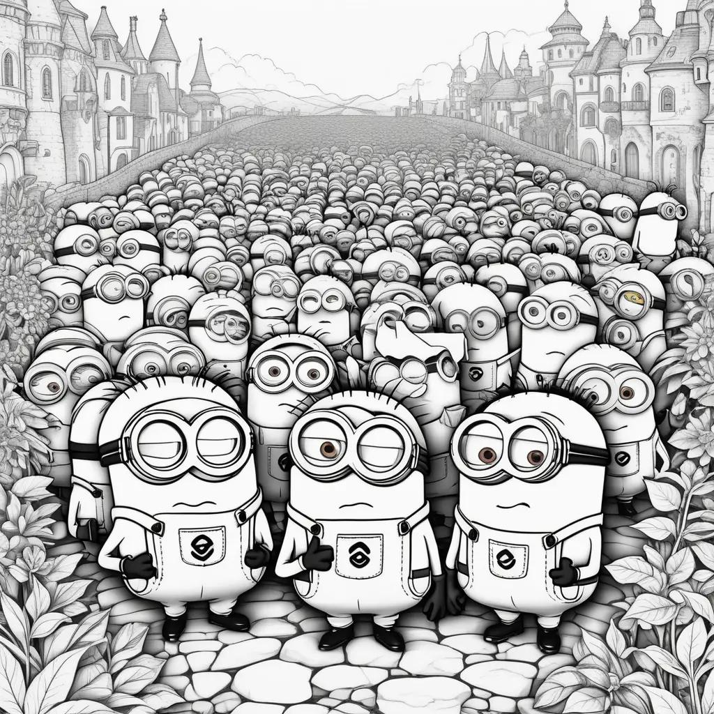 Black and white minions coloring page with castle