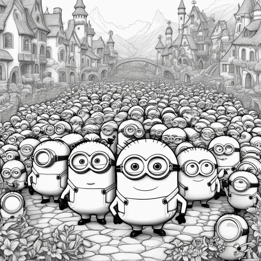 Black and white minions coloring pages with buildings and mountains