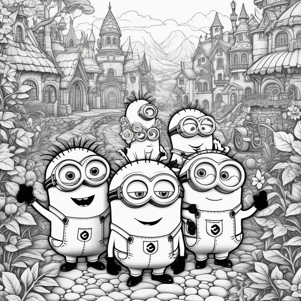 Black and white minions in a village scene