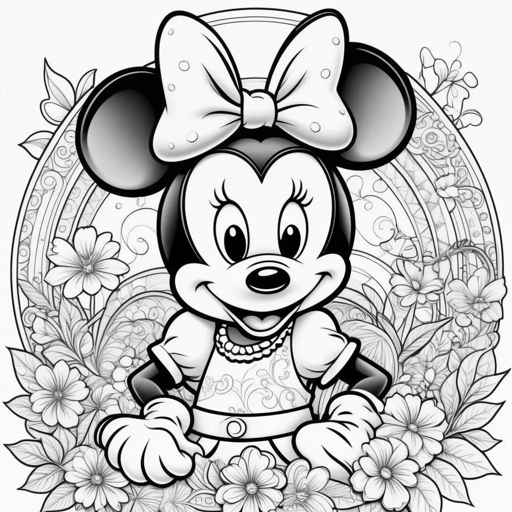 Black and white minnie mouse coloring pages with flowers