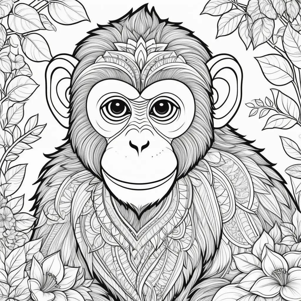 Black and white monkey coloring page with flowers