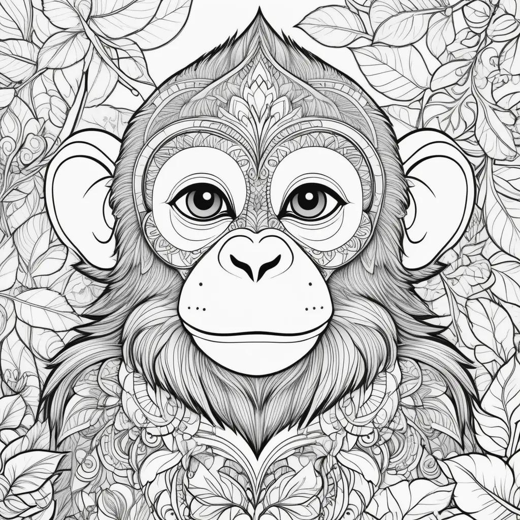 Black and white monkey coloring pages with leaves and flowers