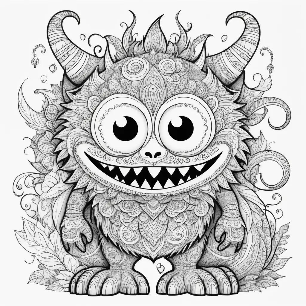 Black and white monster color pages with horns and eyes