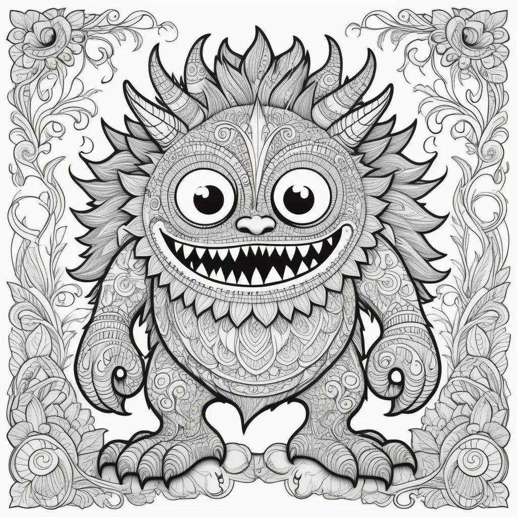 Black and white monster coloring page with a flower