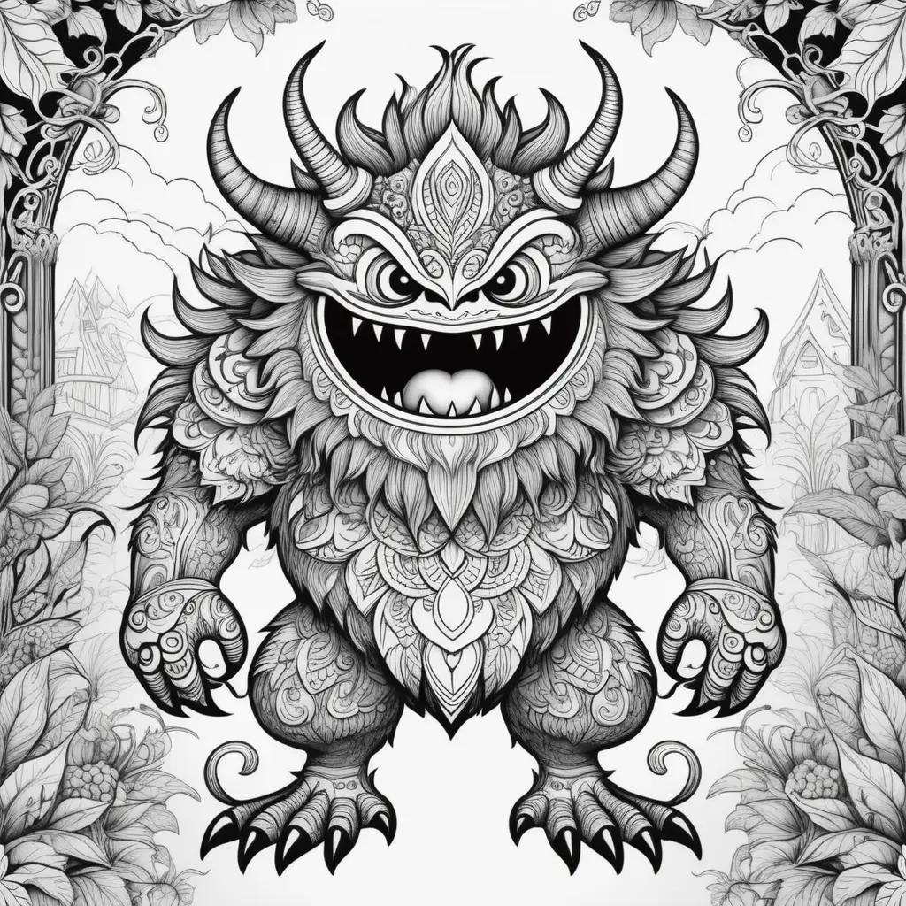 Black and white monster coloring pages with a smiling face