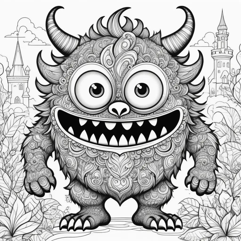 Black and white monster coloring pages with castle in the background