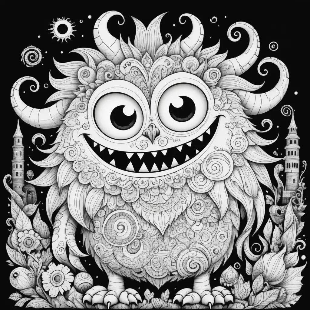 Black and white monster coloring pages with intricate designs