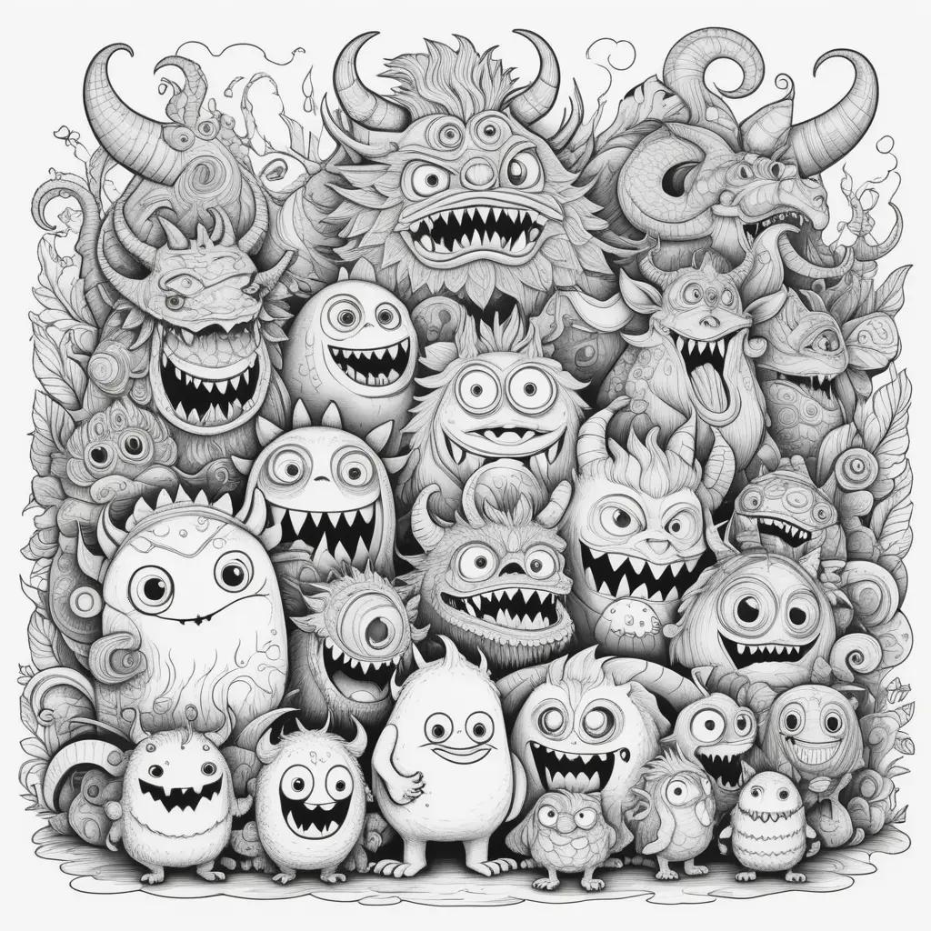 Black and white monster coloring pages with various monsters