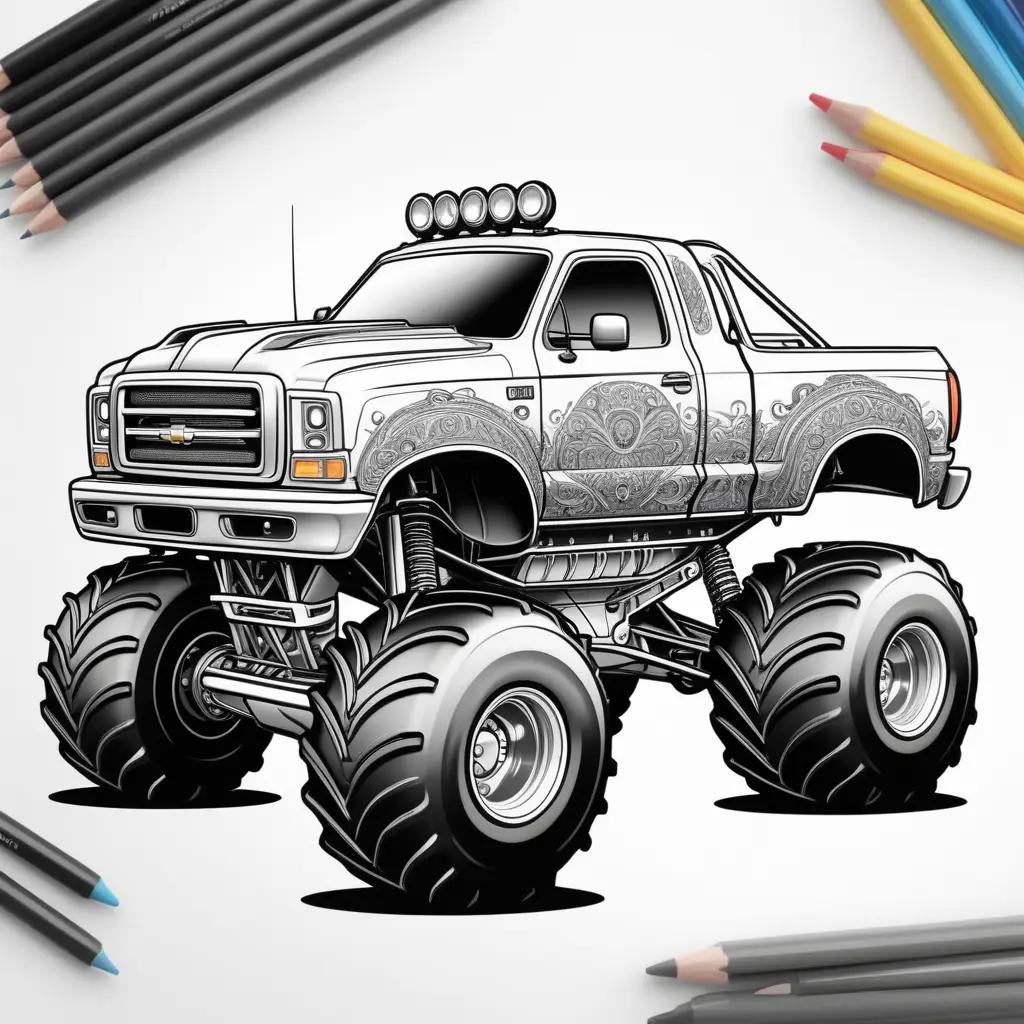 Black and white monster truck coloring page with pencils