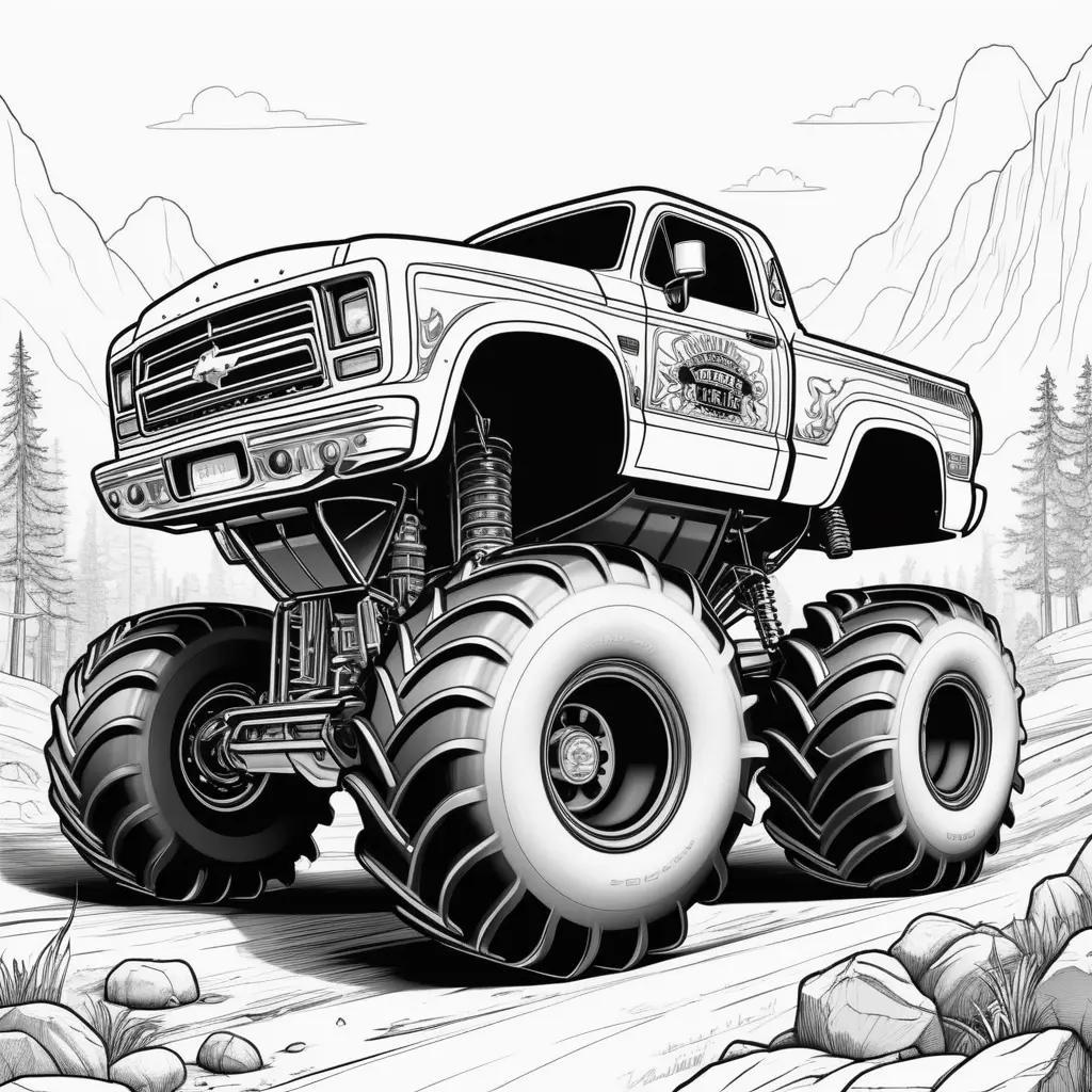 Black and white monster truck drawing with mountains in background