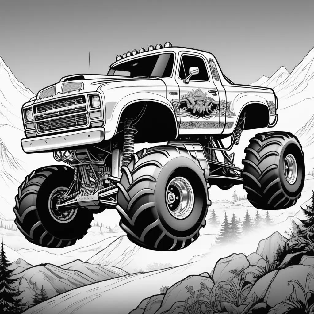 Black and white monster truck in a mountain scene