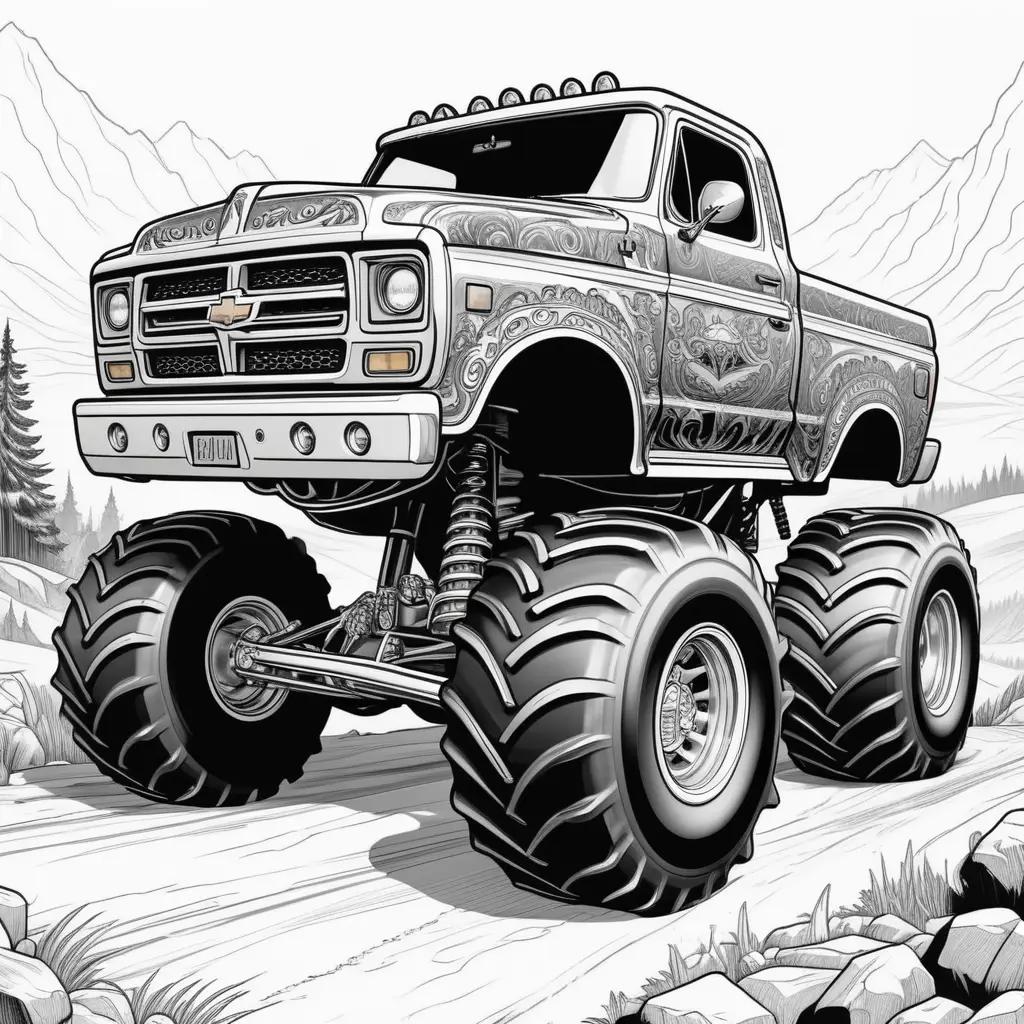 Black and white monster truck on a mountain road