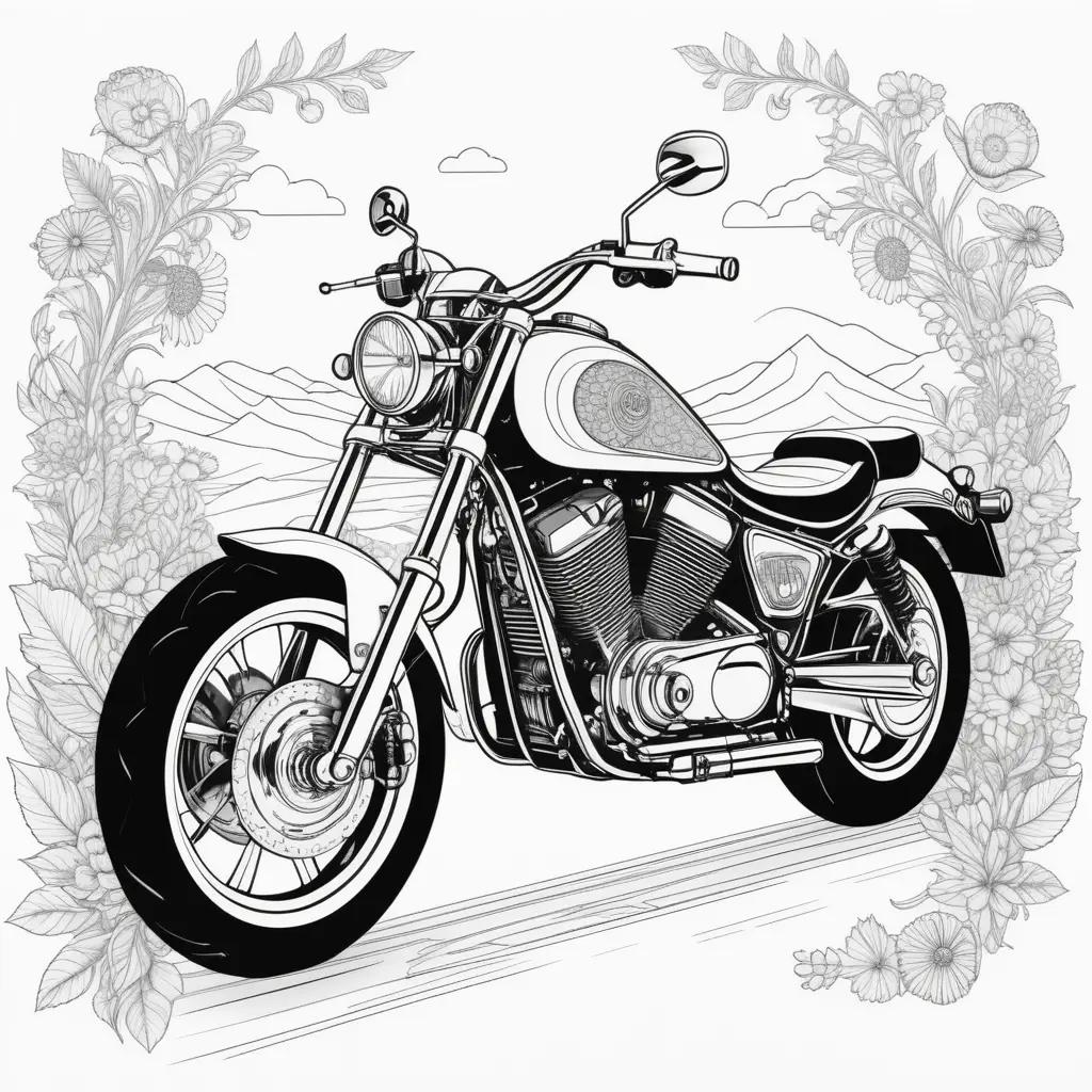 Black and white motorcycle coloring page with flowers