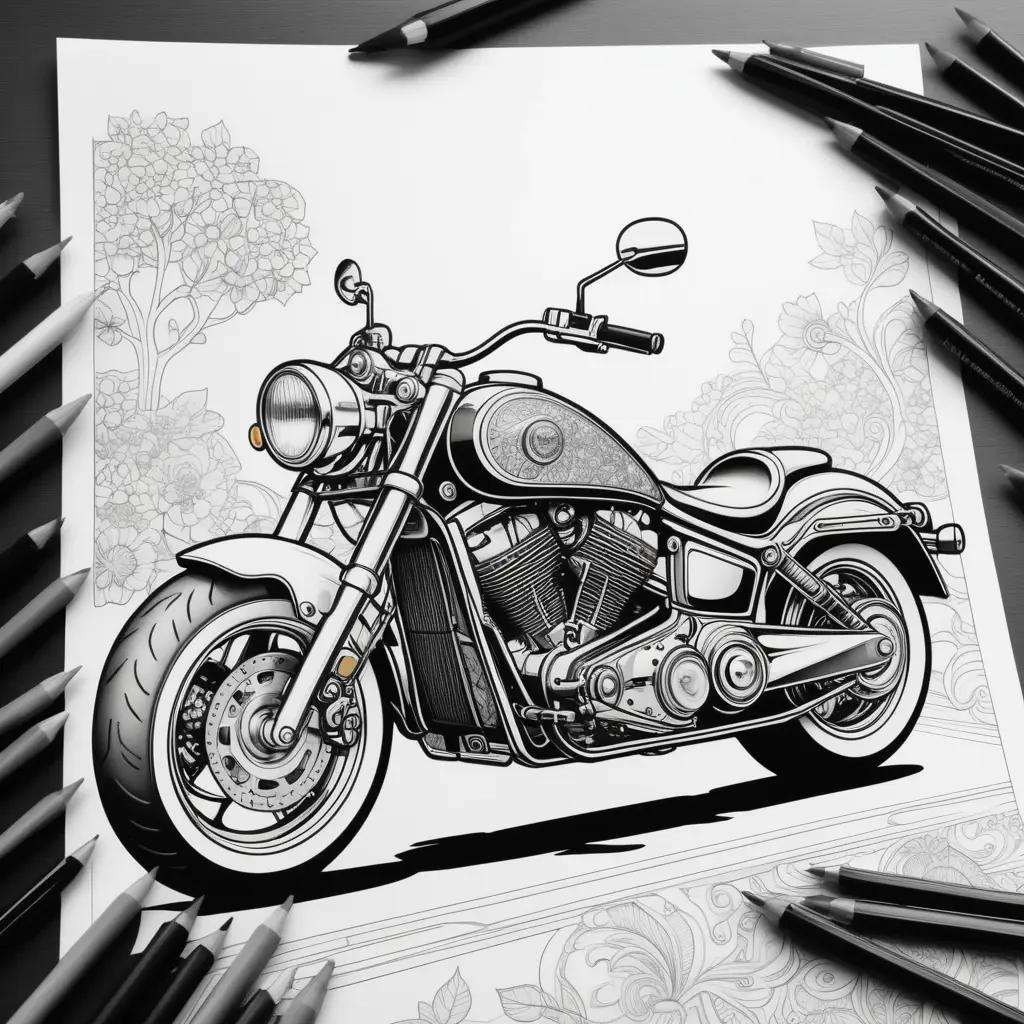 Black and white motorcycle coloring page with pencils