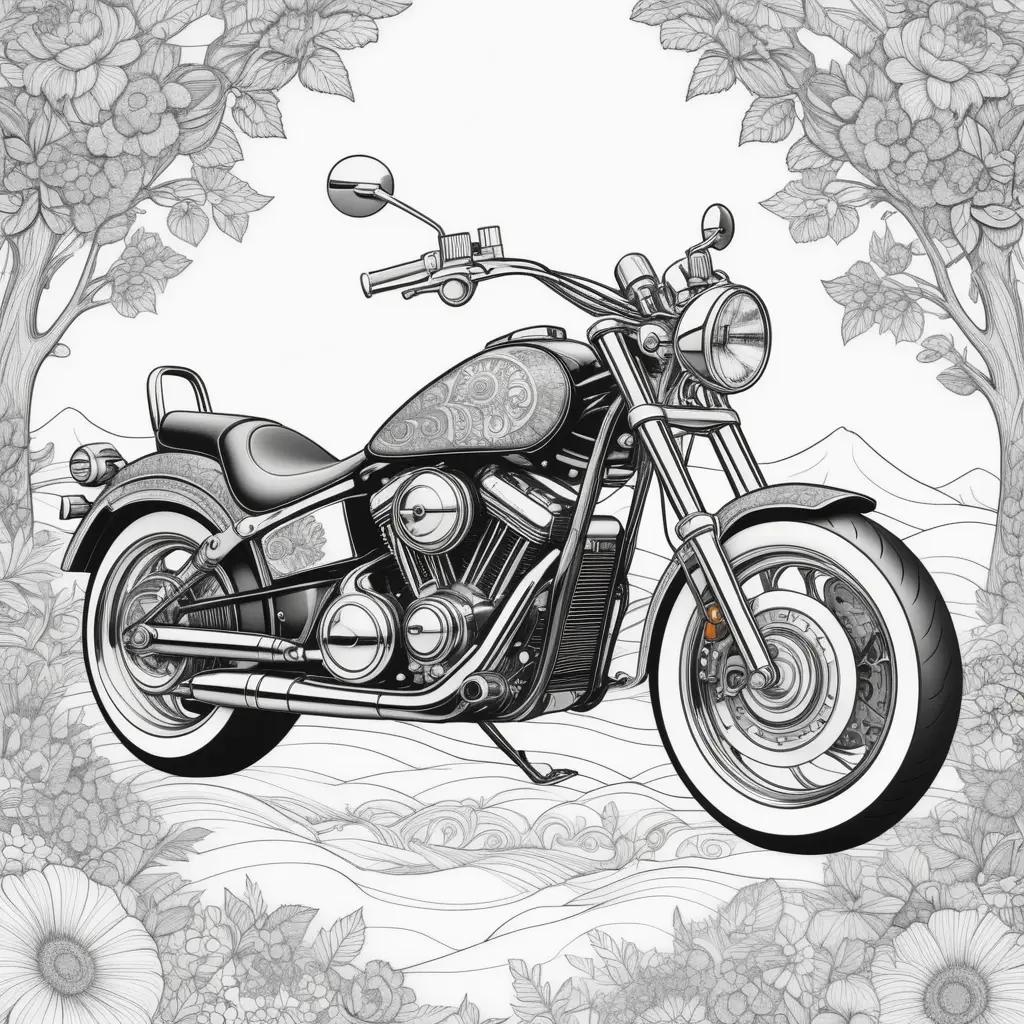 Black and white motorcycle coloring pages with flowers