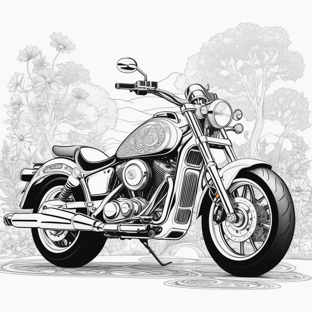 Black and white motorcycle coloring pages with flowers in the background