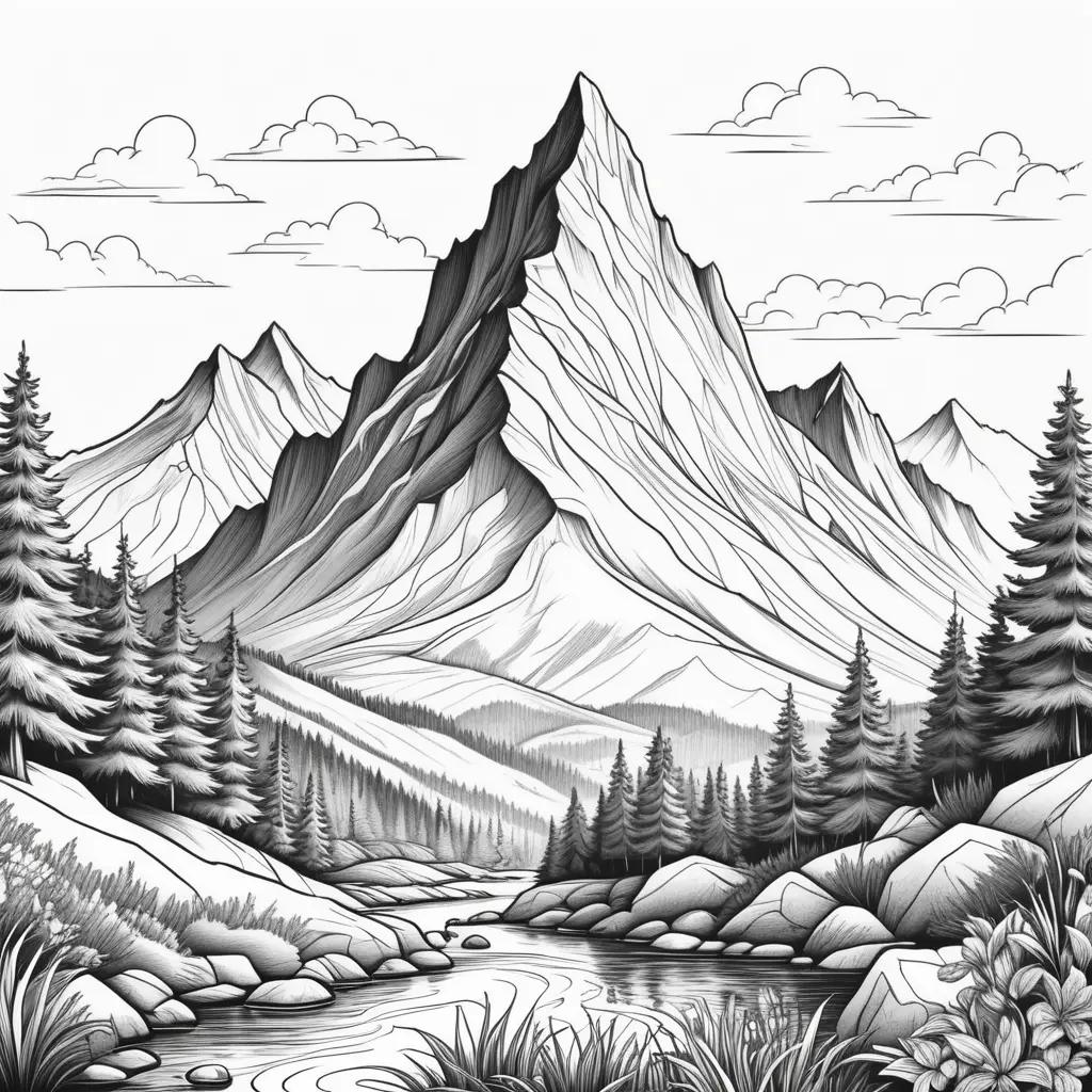 Black and white mountain coloring pages with clouds