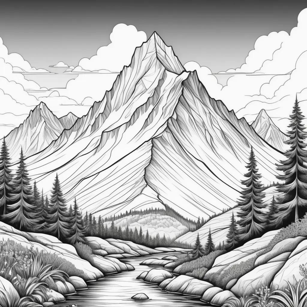 Black and white mountain coloring pages with pine trees and a river