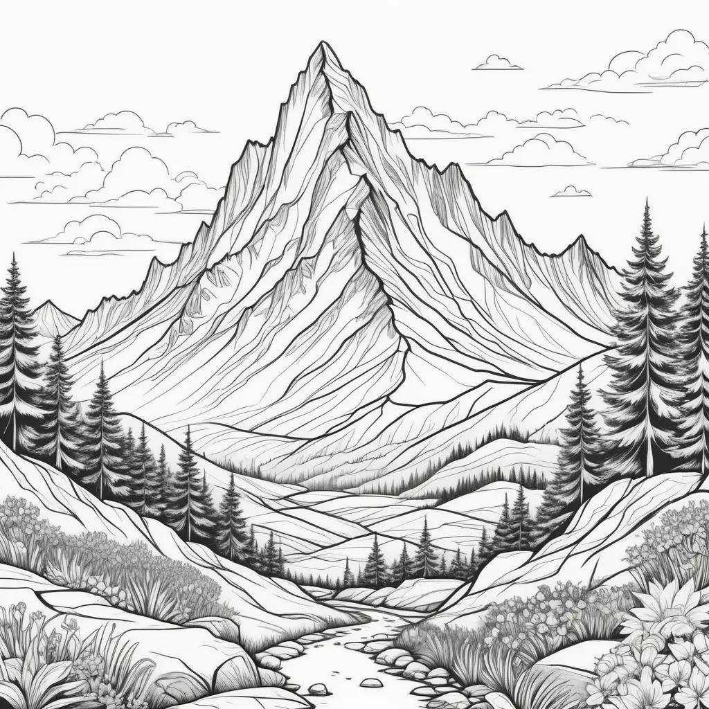 Black and white mountain coloring pages with stream and trees