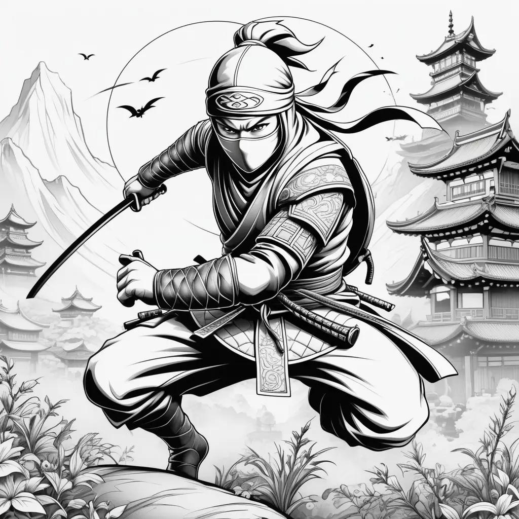 Black and white ninja color pages with castle in background