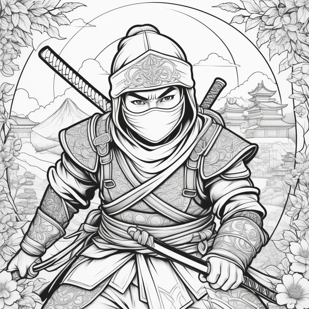 Black and white ninja coloring page with flowers