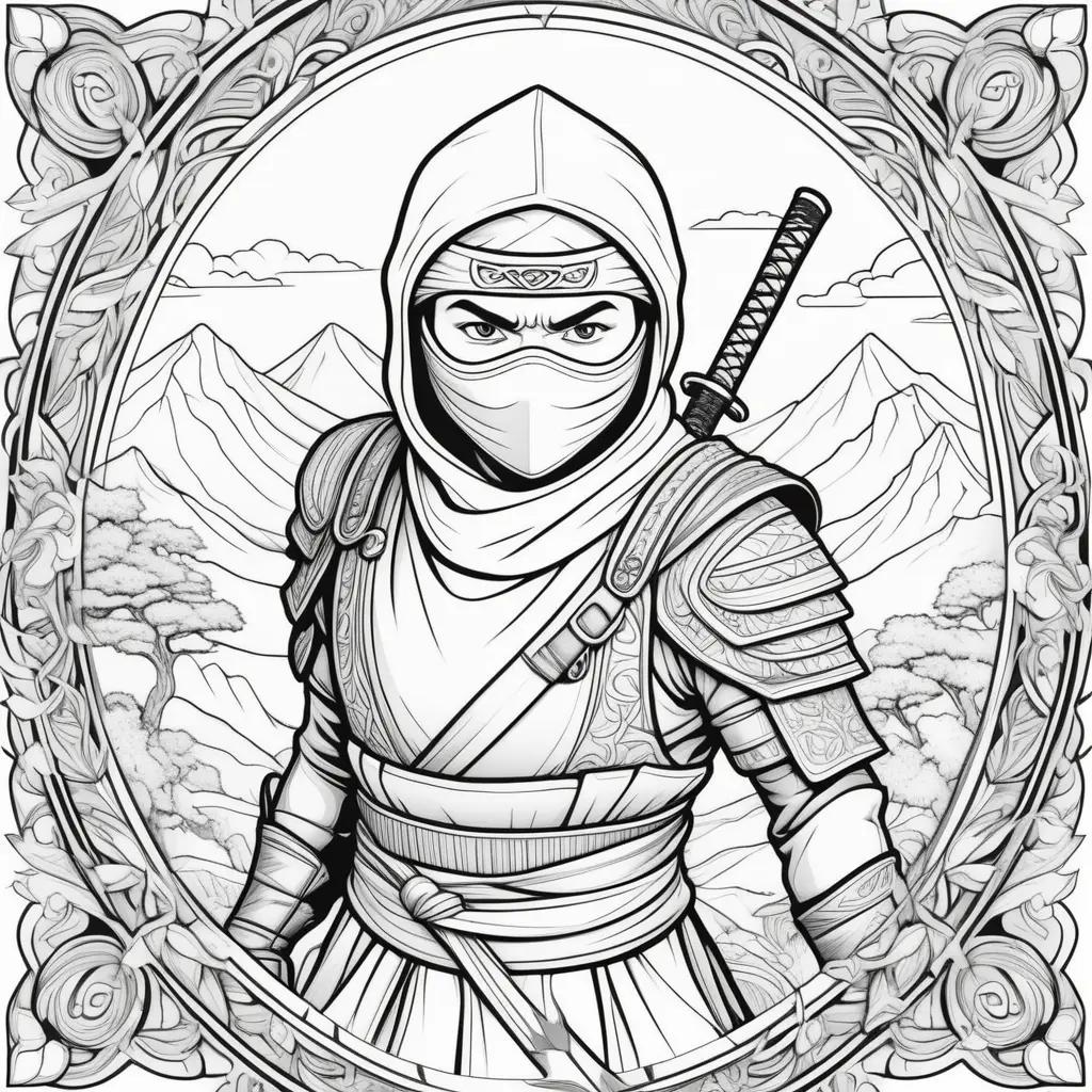 Black and white ninja coloring page with sword