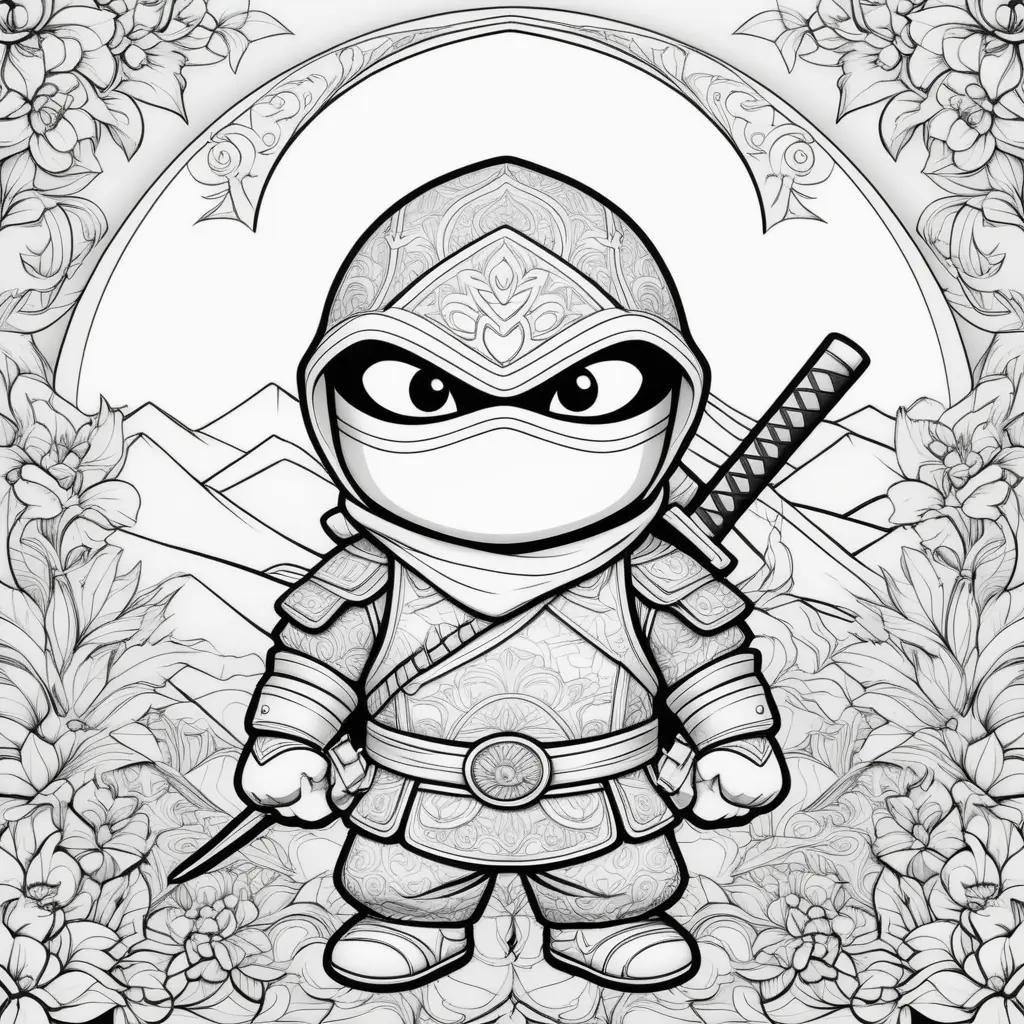 Black and white ninja coloring page with sword