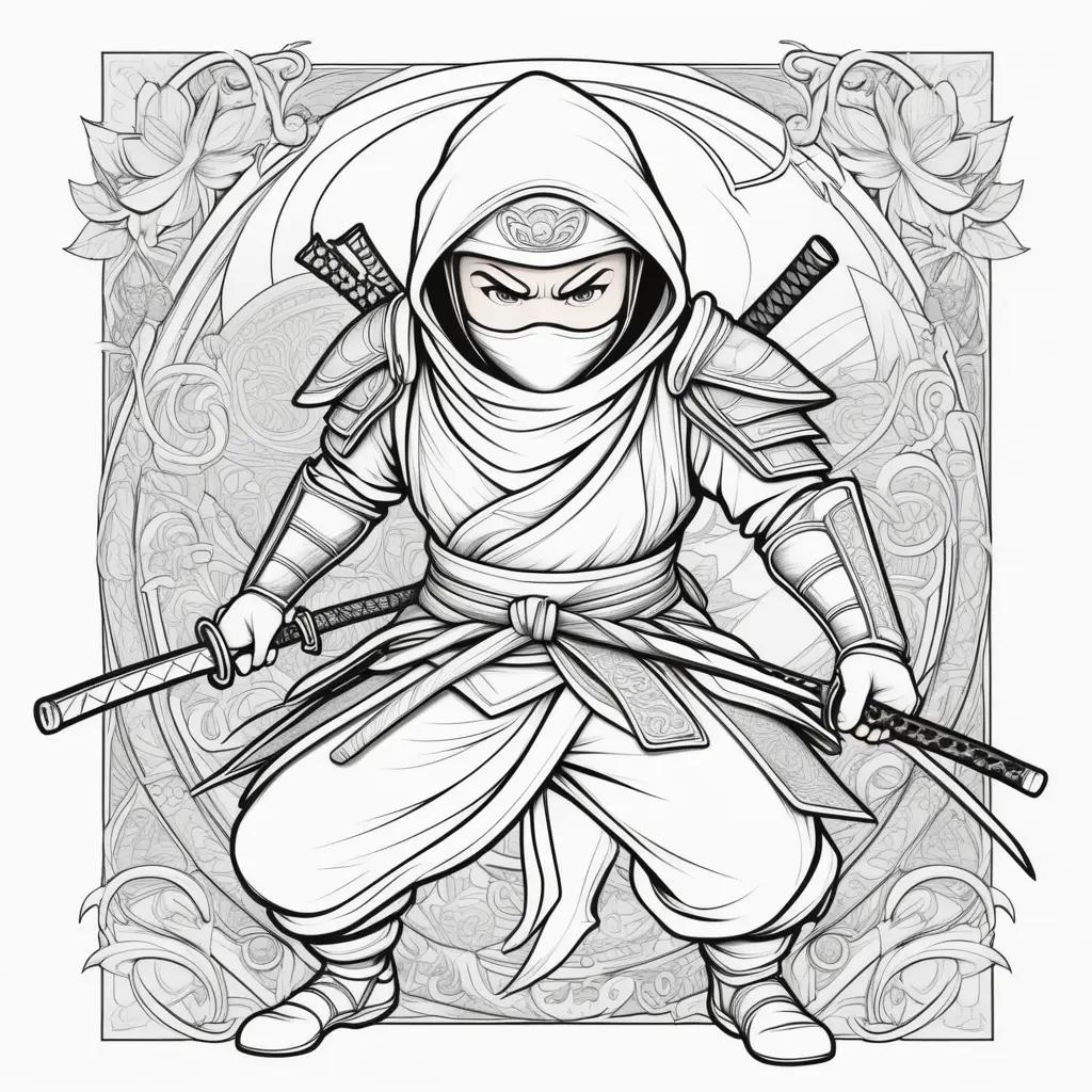 Black and white ninja coloring page with swords