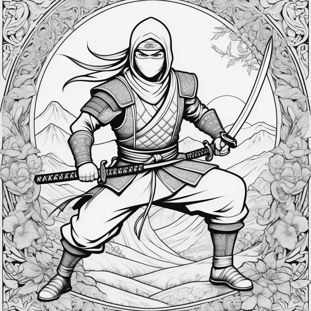 Black and white ninja coloring pages with a sword