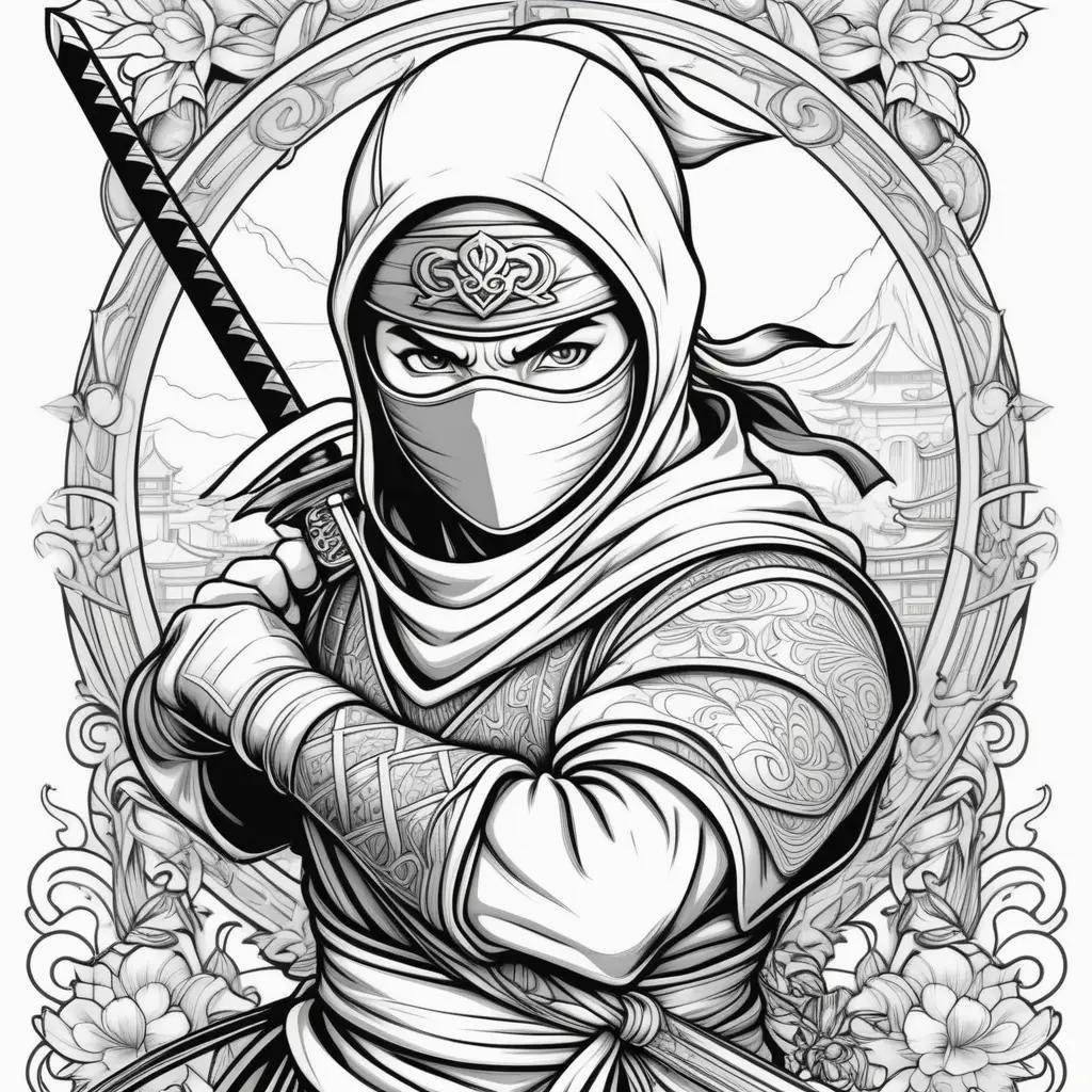 Black and white ninja coloring pages with flowers