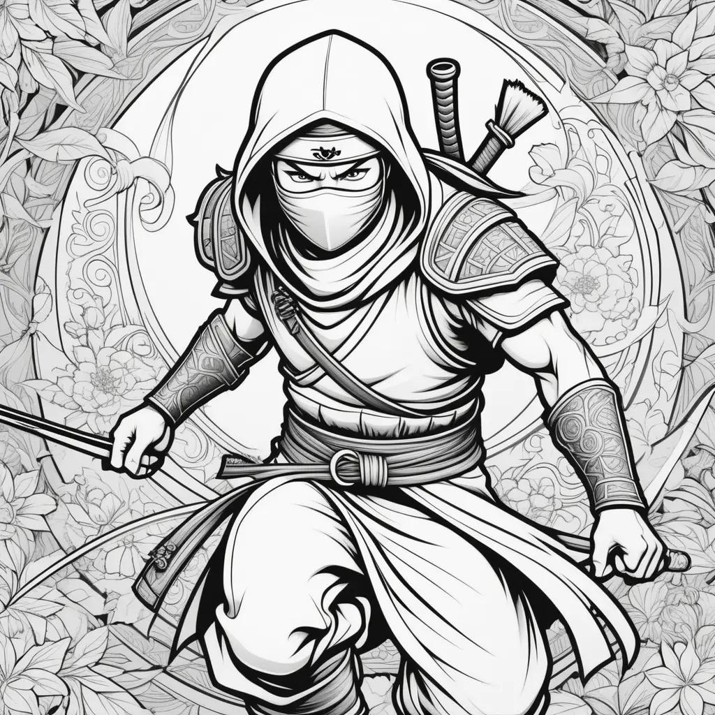 Black and white ninja coloring pages with flowers