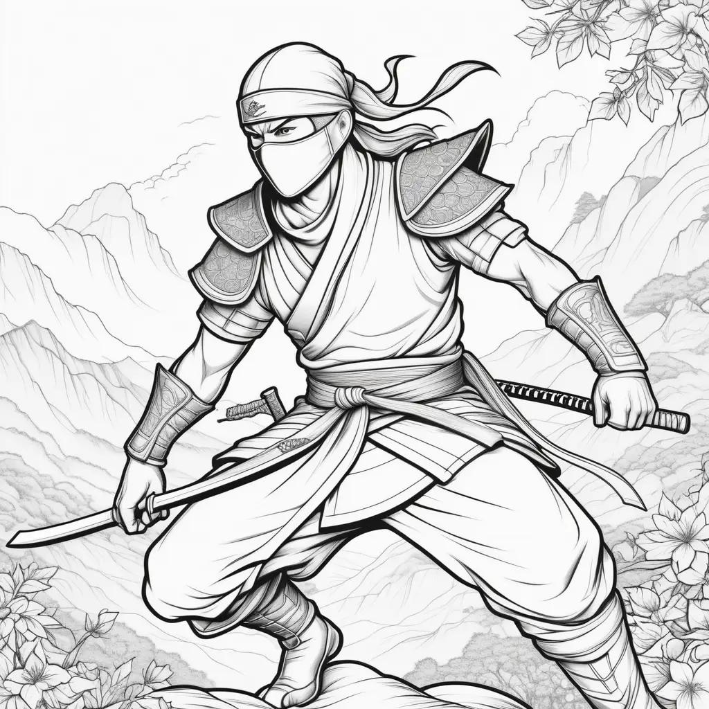 Black and white ninja coloring pages with mountains and flowers