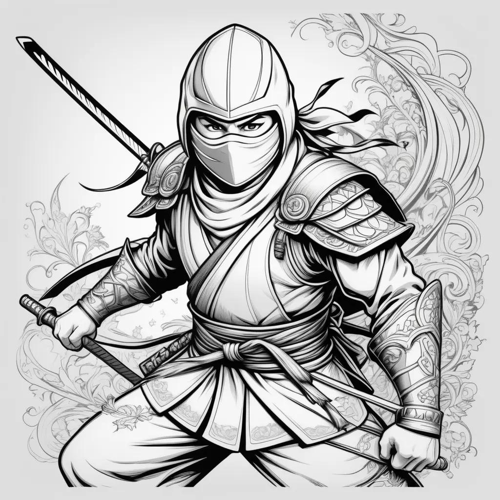 Black and white ninja coloring pages with sword and shield