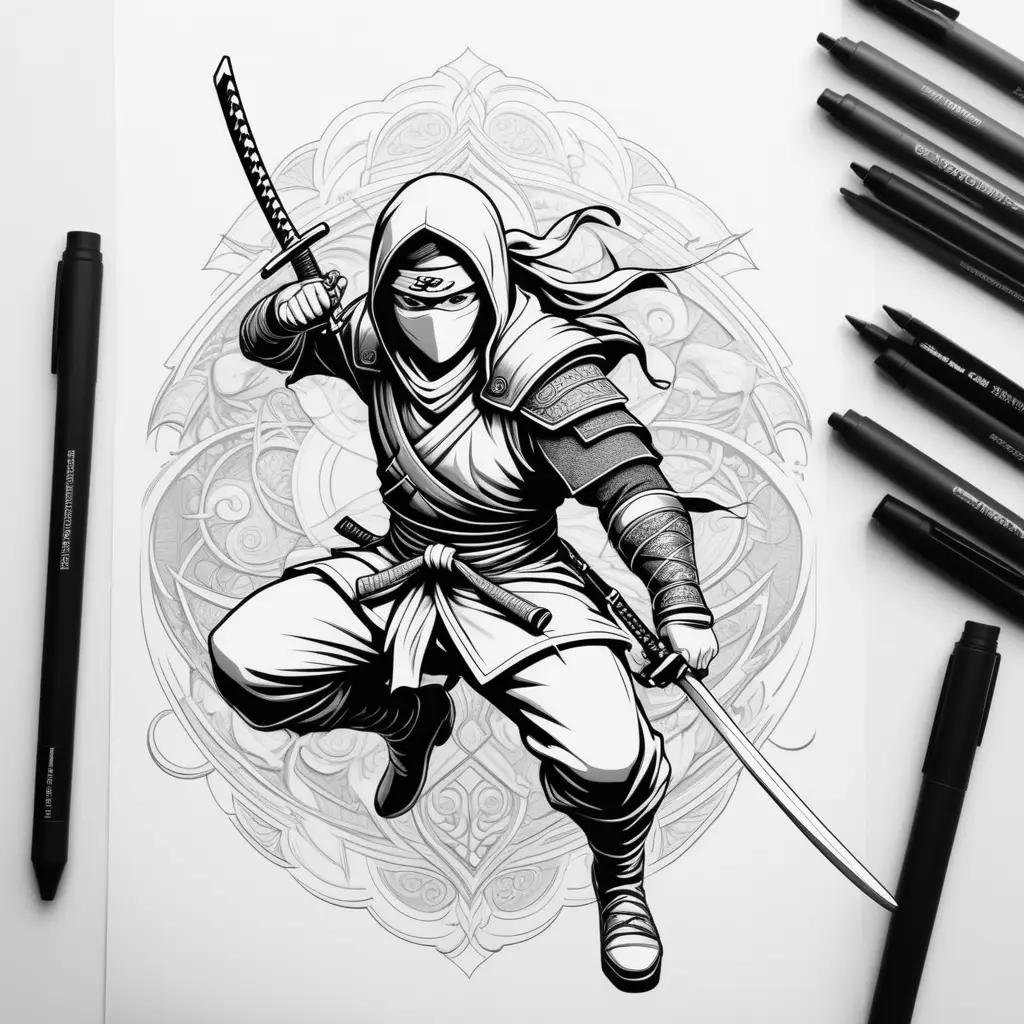 Black and white ninja drawing with markers