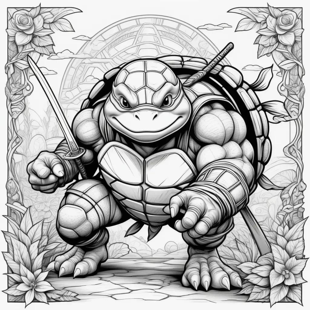 Black and white ninja turtle coloring page with sword