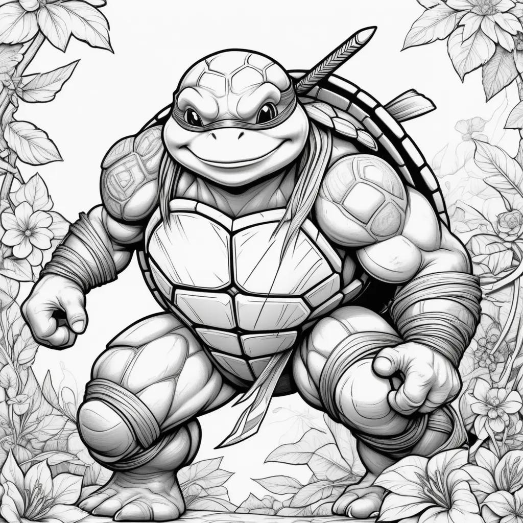 Black and white ninja turtle coloring pages featuring a large turtle