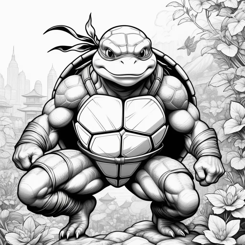 Black and white ninja turtle coloring pages with a dragon