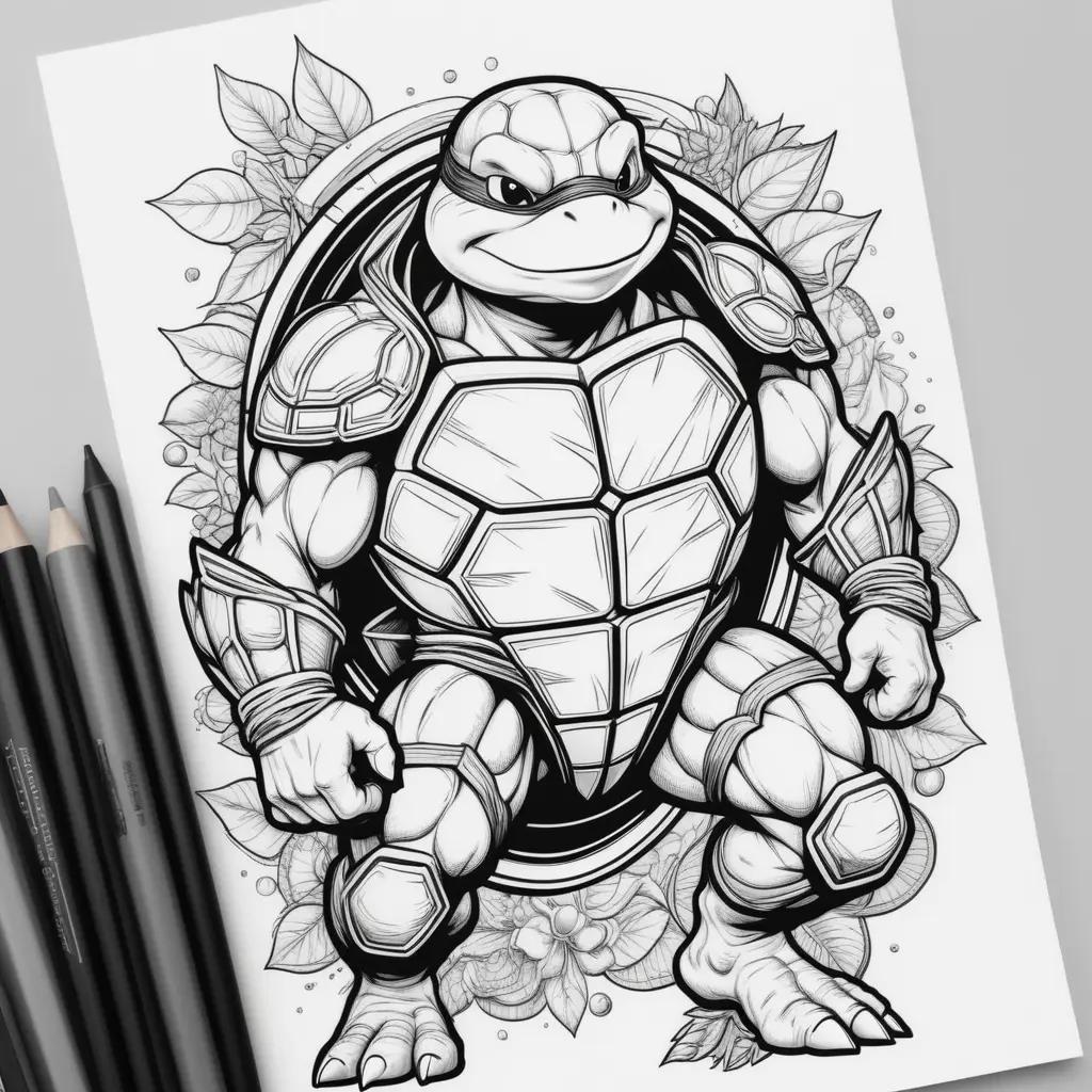 Black and white ninja turtle coloring pages with pencils