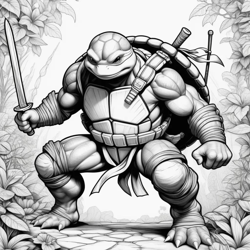 Black and white ninja turtle coloring pages with sword and shield